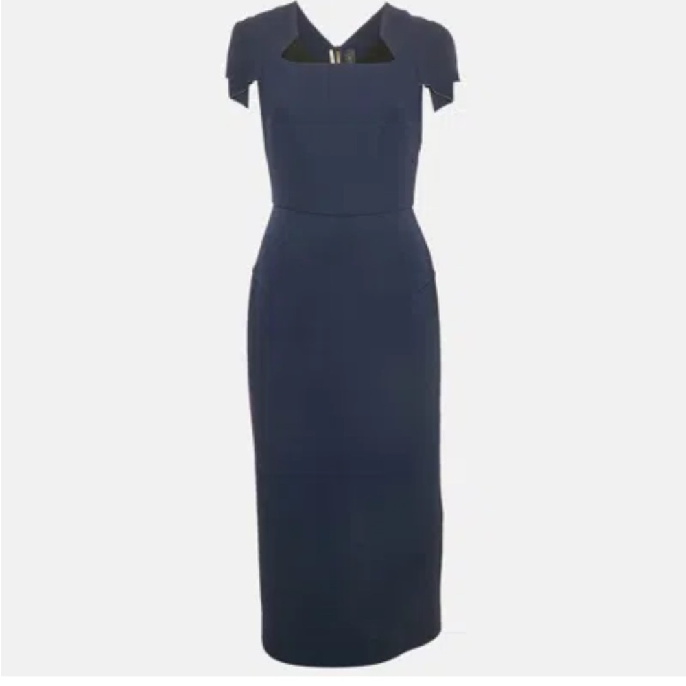 Roland mouret dark navy almost black square neck midi dress